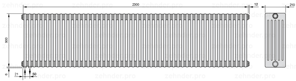 Схема (чертеж) Радиатор Zehnder Charleston 6090/50 №3370 Белый глянцевый RAL 9016